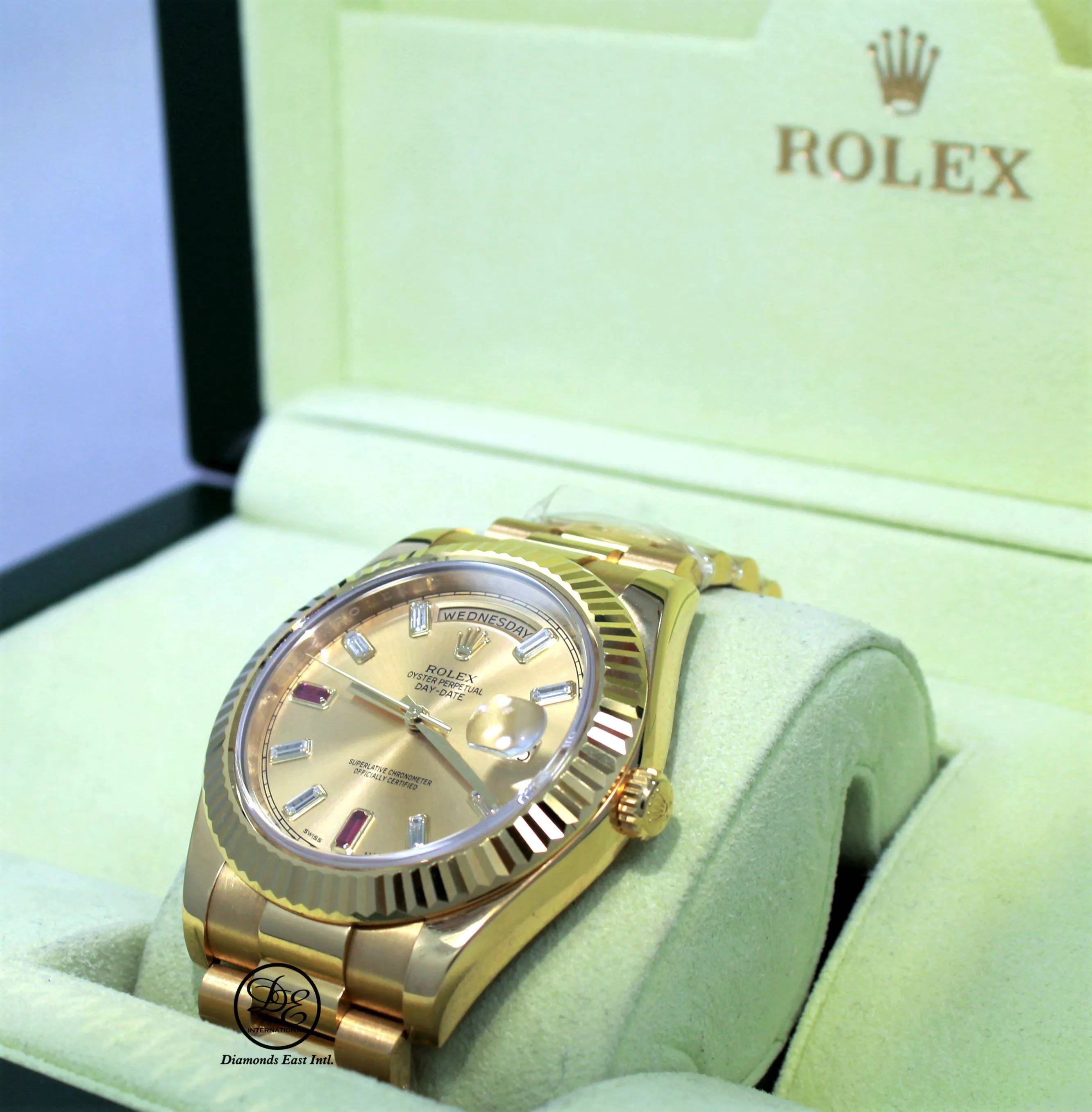 Rolex Day-Date II President 218238 18K Yellow Gold Fact Ruby & Diamond Dial BOX/PAPERS