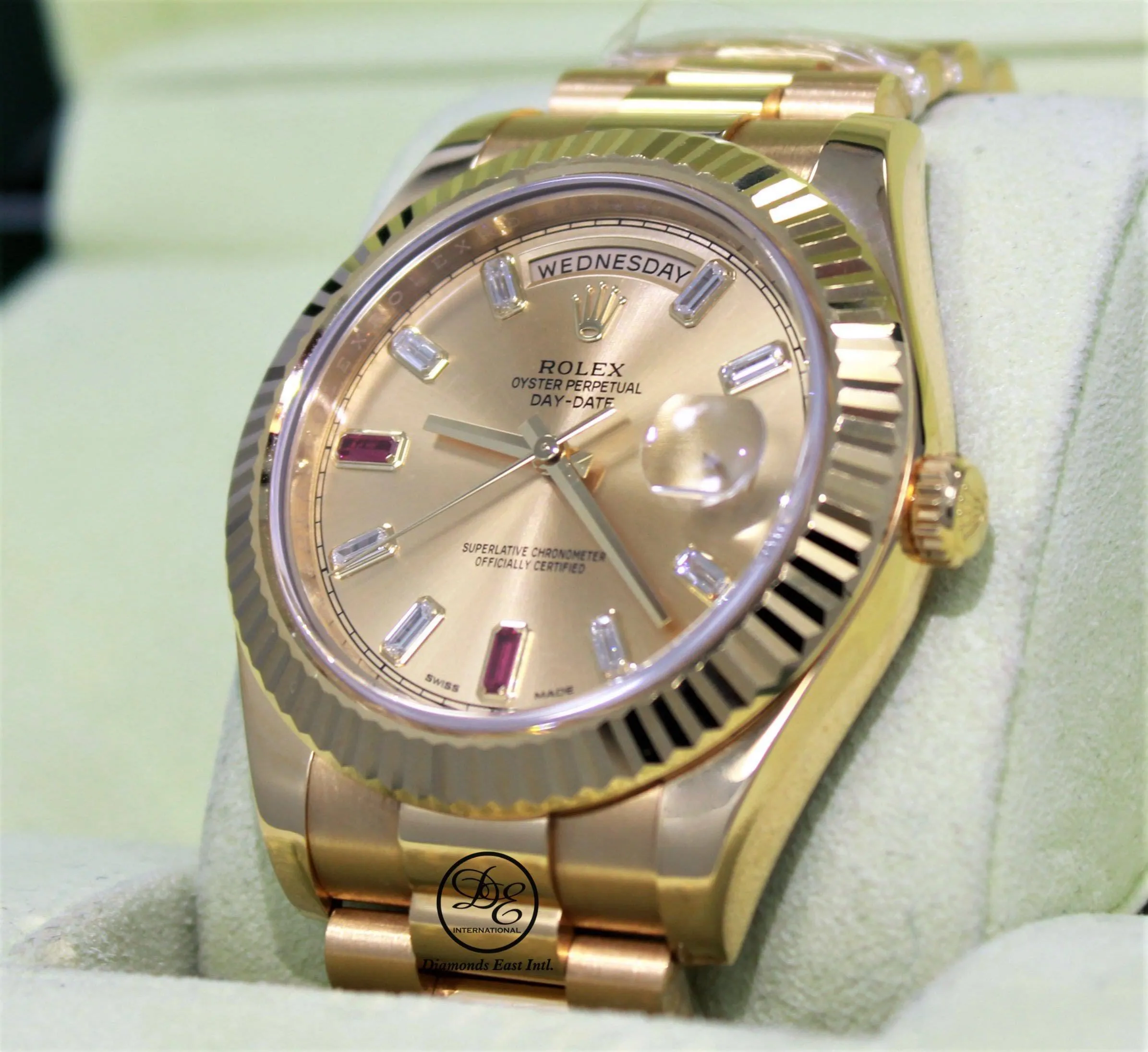 Rolex Day-Date II President 218238 18K Yellow Gold Fact Ruby & Diamond Dial BOX/PAPERS