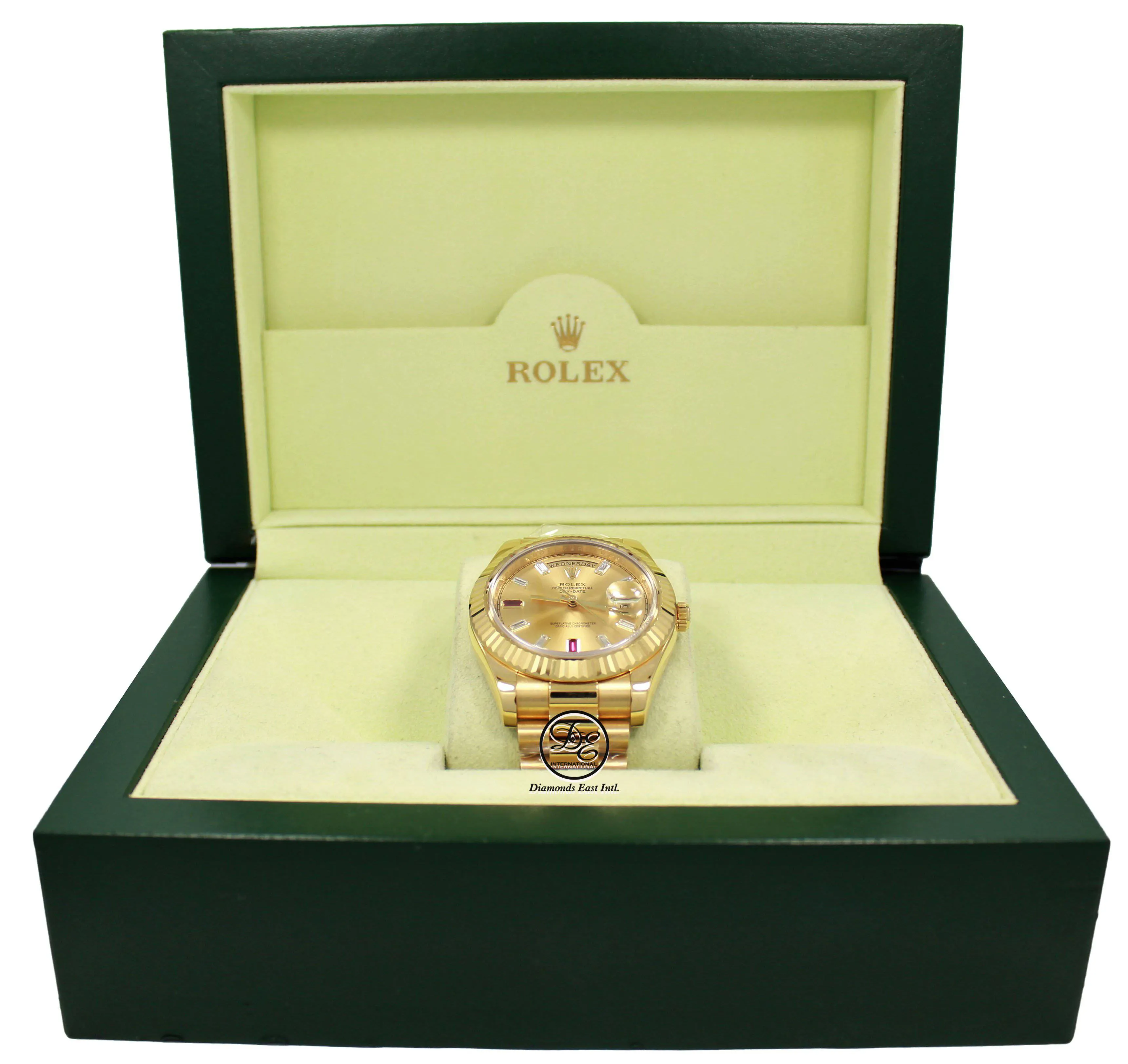 Rolex Day-Date II President 218238 18K Yellow Gold Fact Ruby & Diamond Dial BOX/PAPERS