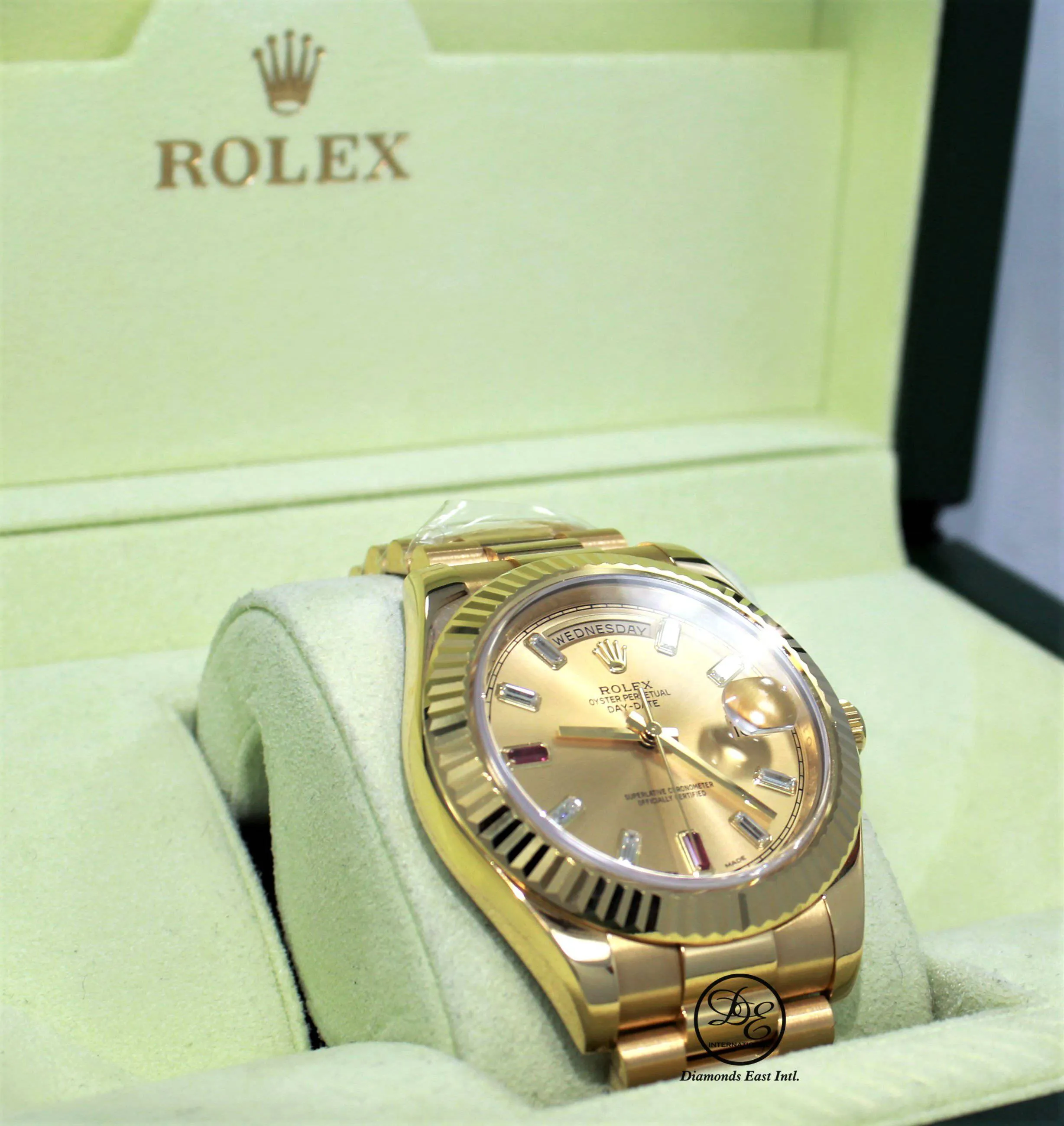 Rolex Day-Date II President 218238 18K Yellow Gold Fact Ruby & Diamond Dial BOX/PAPERS