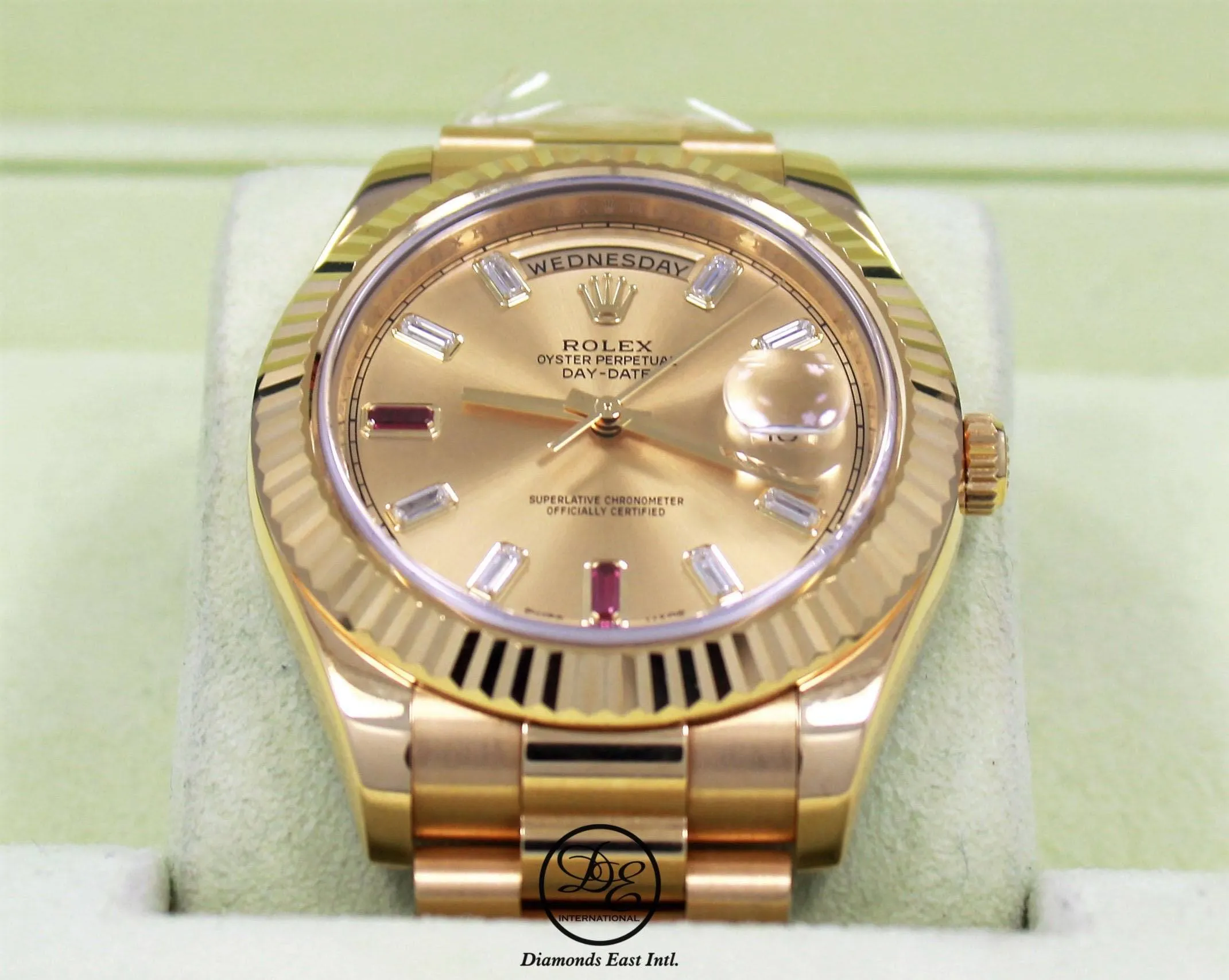 Rolex Day-Date II President 218238 18K Yellow Gold Fact Ruby & Diamond Dial BOX/PAPERS