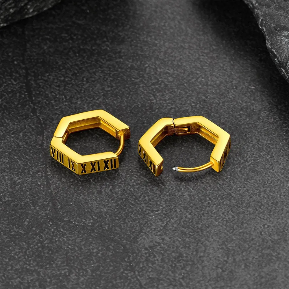 Roman Numerals Hexagon Hoop Earrings For Men