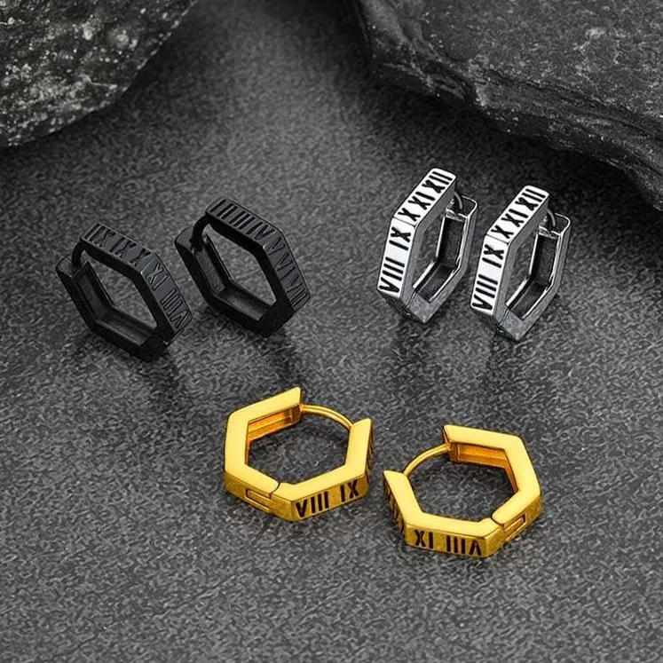 Roman Numerals Hexagon Hoop Earrings For Men
