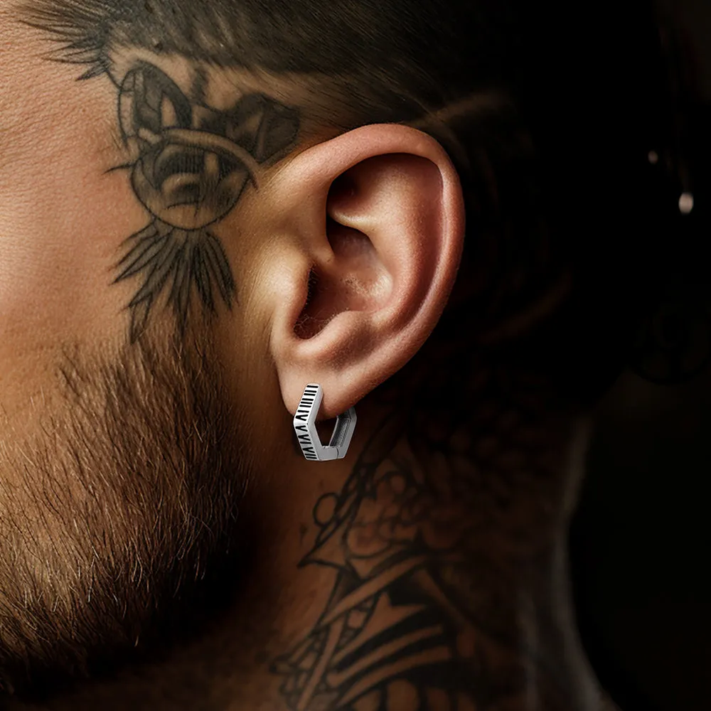 Roman Numerals Hexagon Hoop Earrings For Men