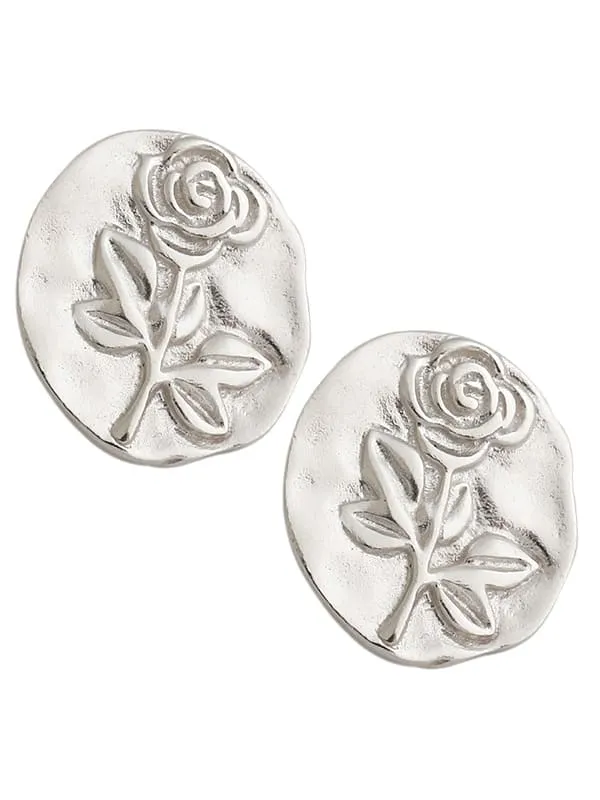 Rose Circle Stud Earrings Sterling Silver 925 Statement Big Vintage Style Jewelry - KESLEY