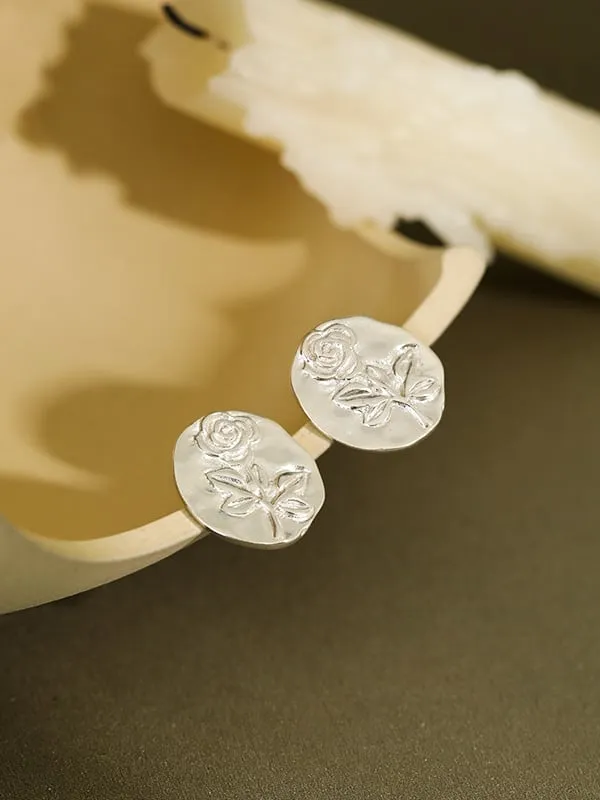 Rose Circle Stud Earrings Sterling Silver 925 Statement Big Vintage Style Jewelry - KESLEY