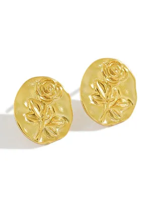 Rose Circle Stud Earrings Sterling Silver 925 Statement Big Vintage Style Jewelry - KESLEY