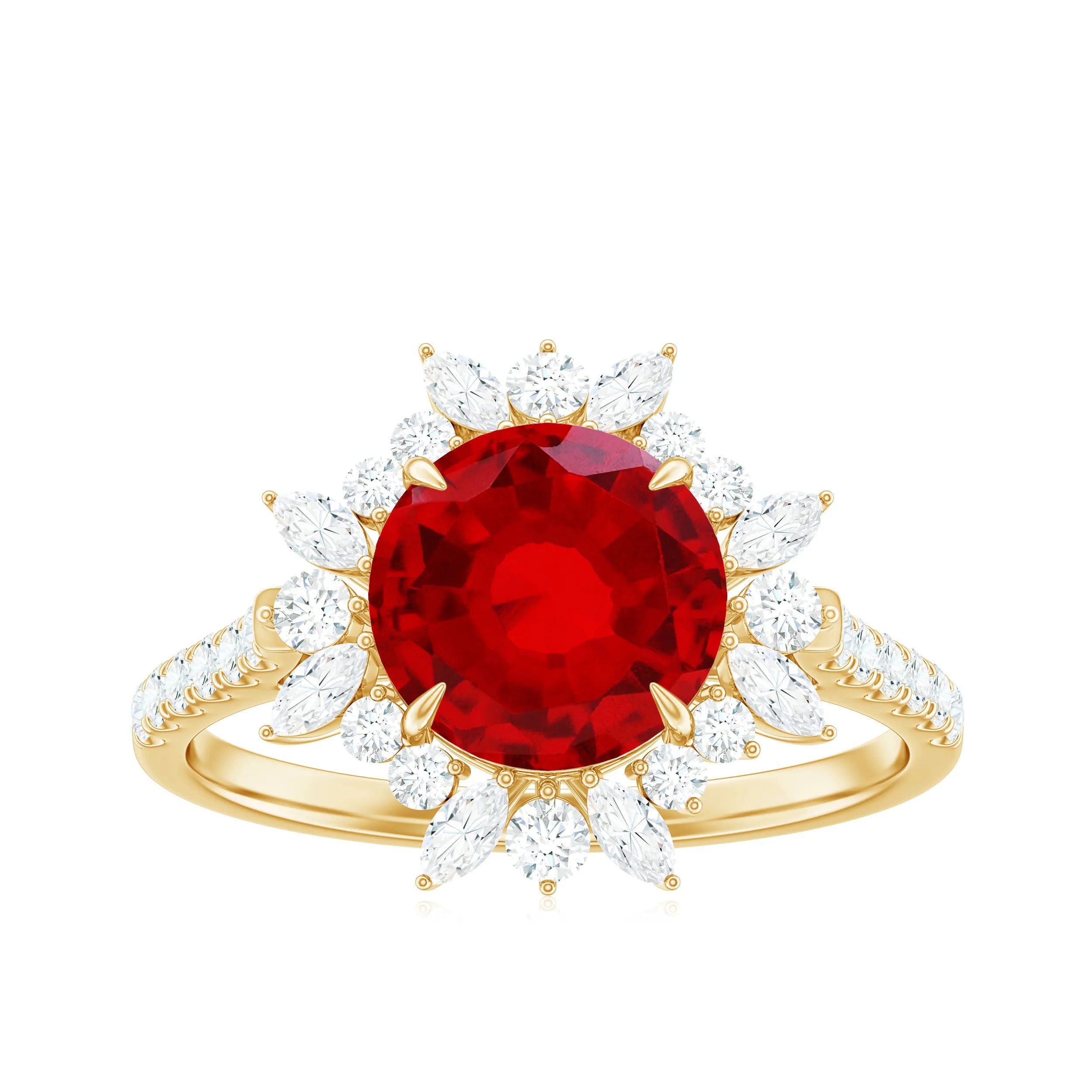 Round Created Ruby Statement Ring with Moissanite Floral Halo