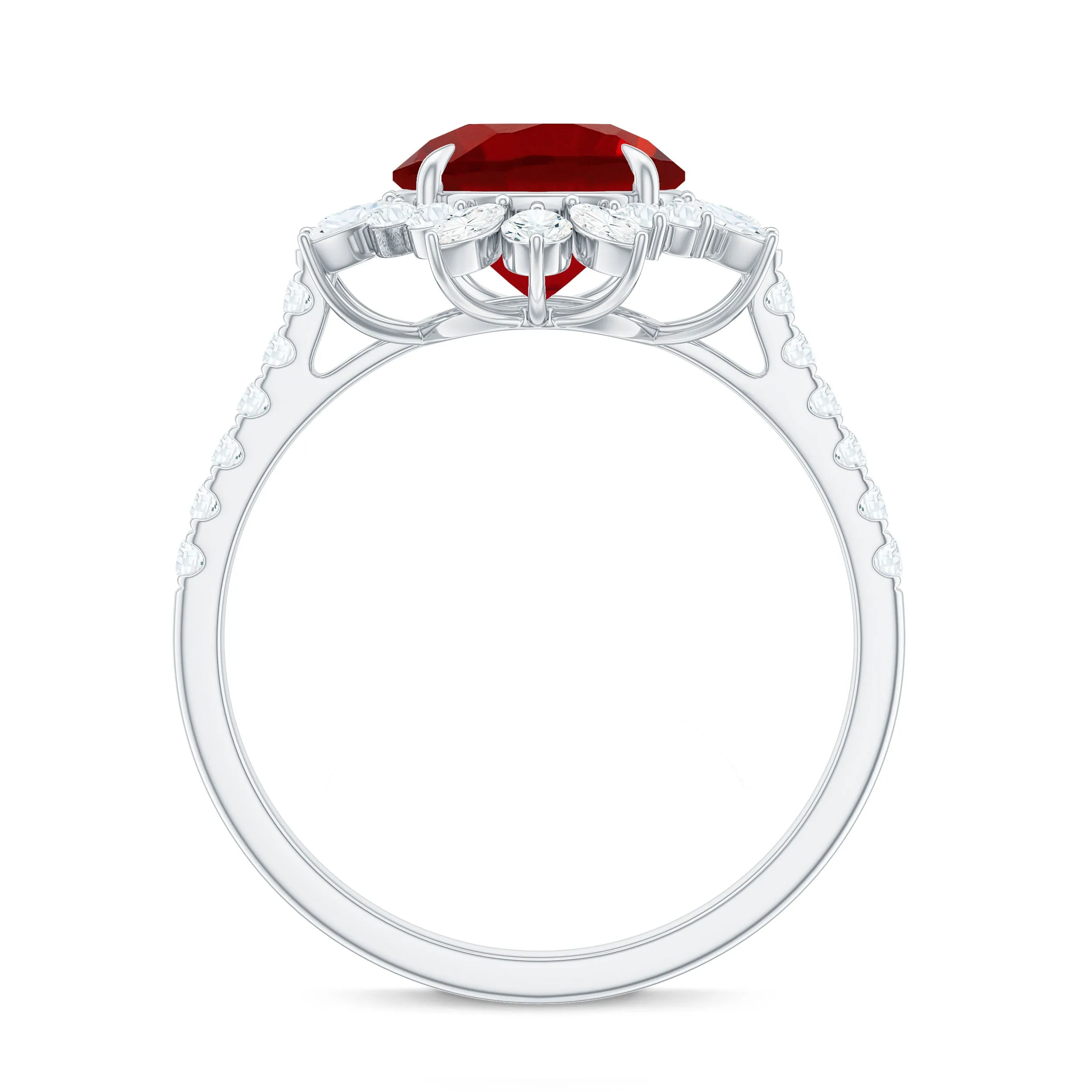 Round Created Ruby Statement Ring with Moissanite Floral Halo