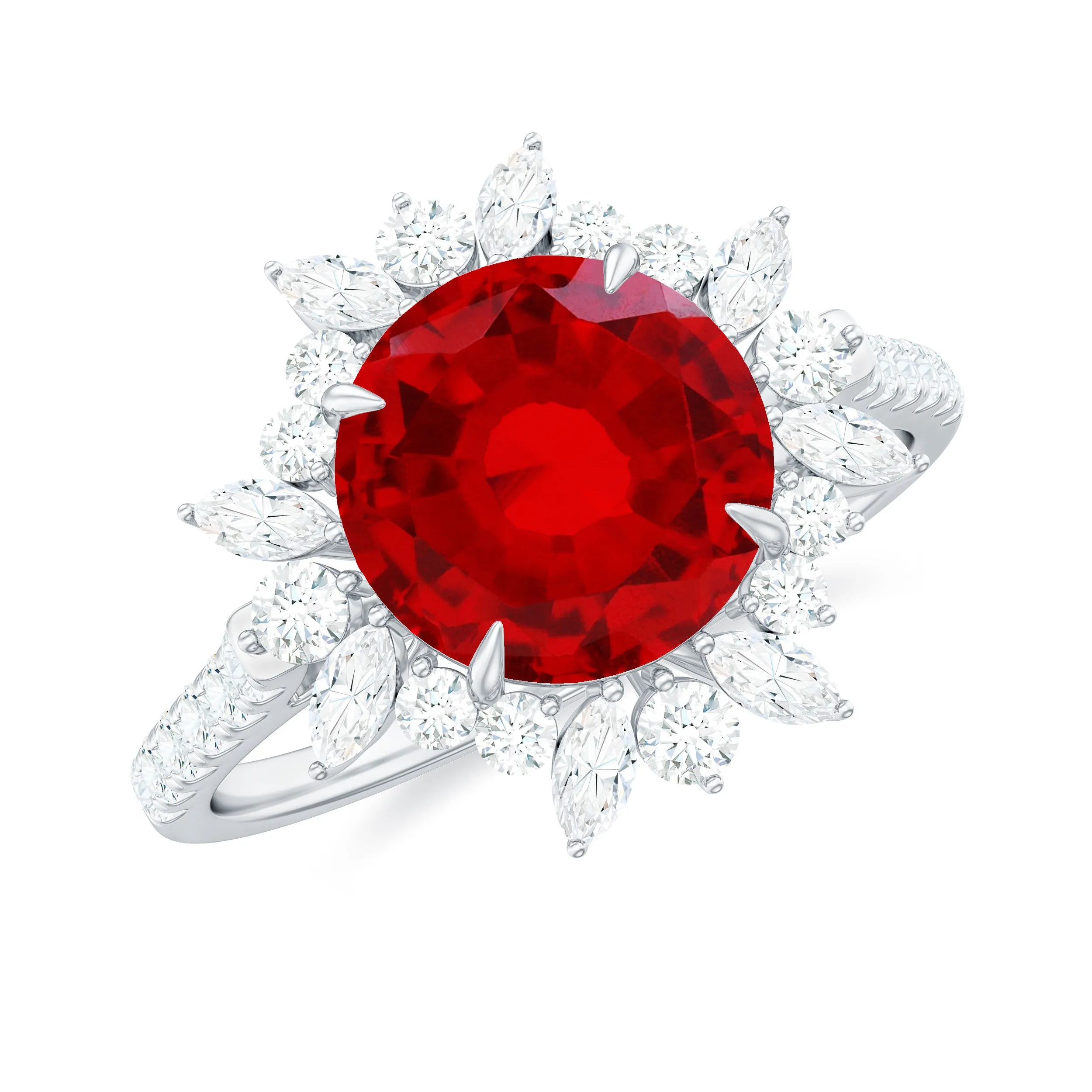 Round Created Ruby Statement Ring with Moissanite Floral Halo