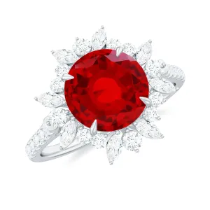 Round Created Ruby Statement Ring with Moissanite Floral Halo