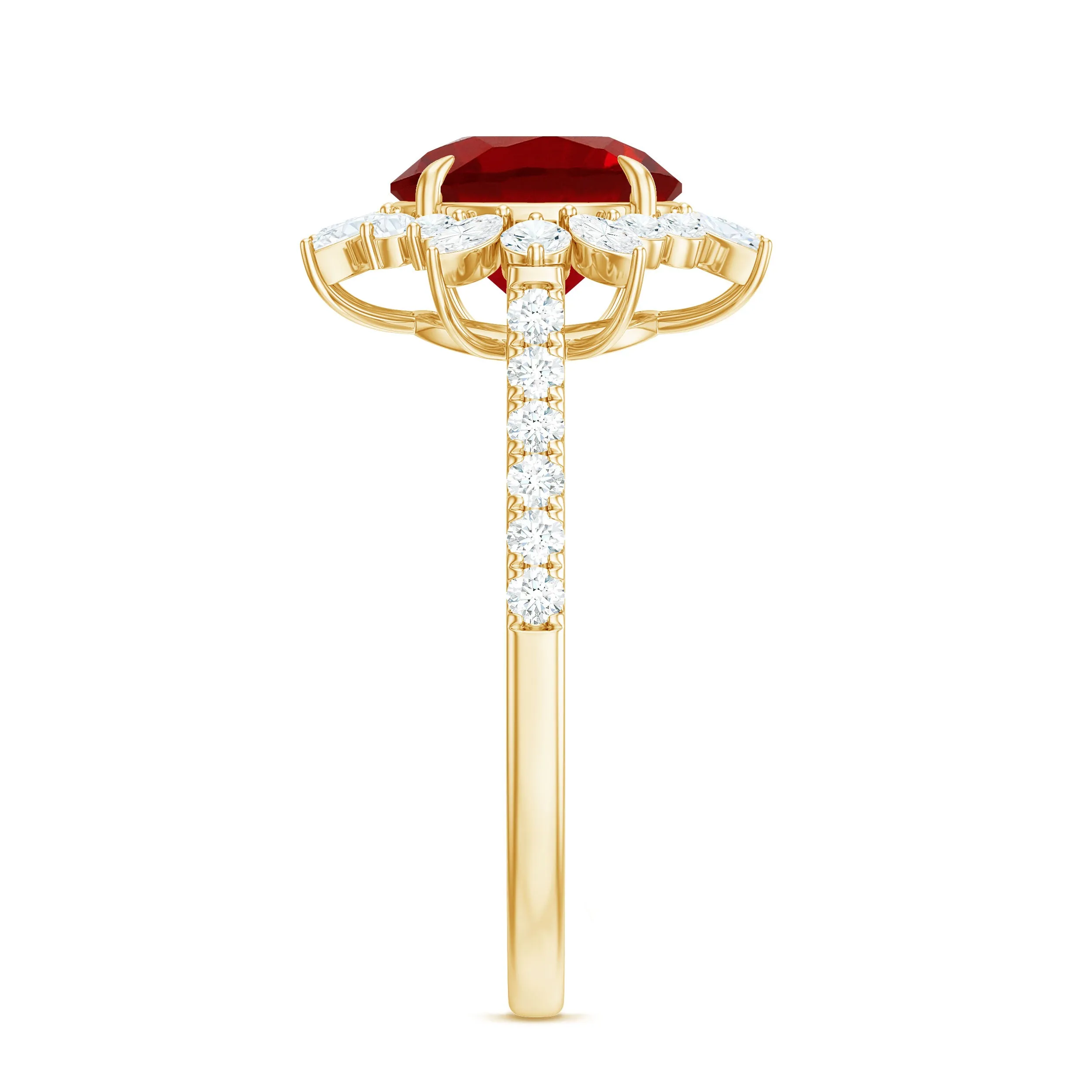 Round Created Ruby Statement Ring with Moissanite Floral Halo