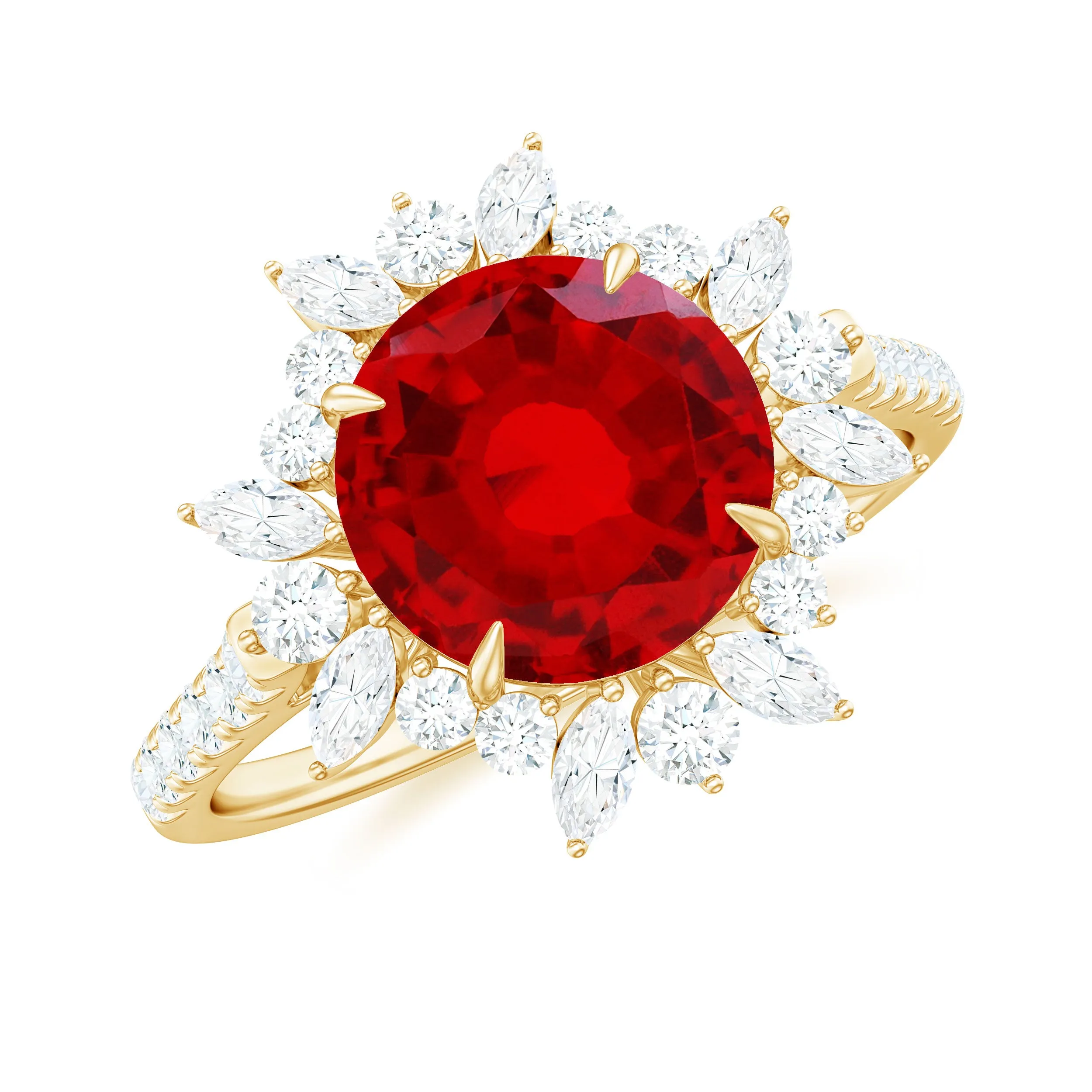 Round Created Ruby Statement Ring with Moissanite Floral Halo