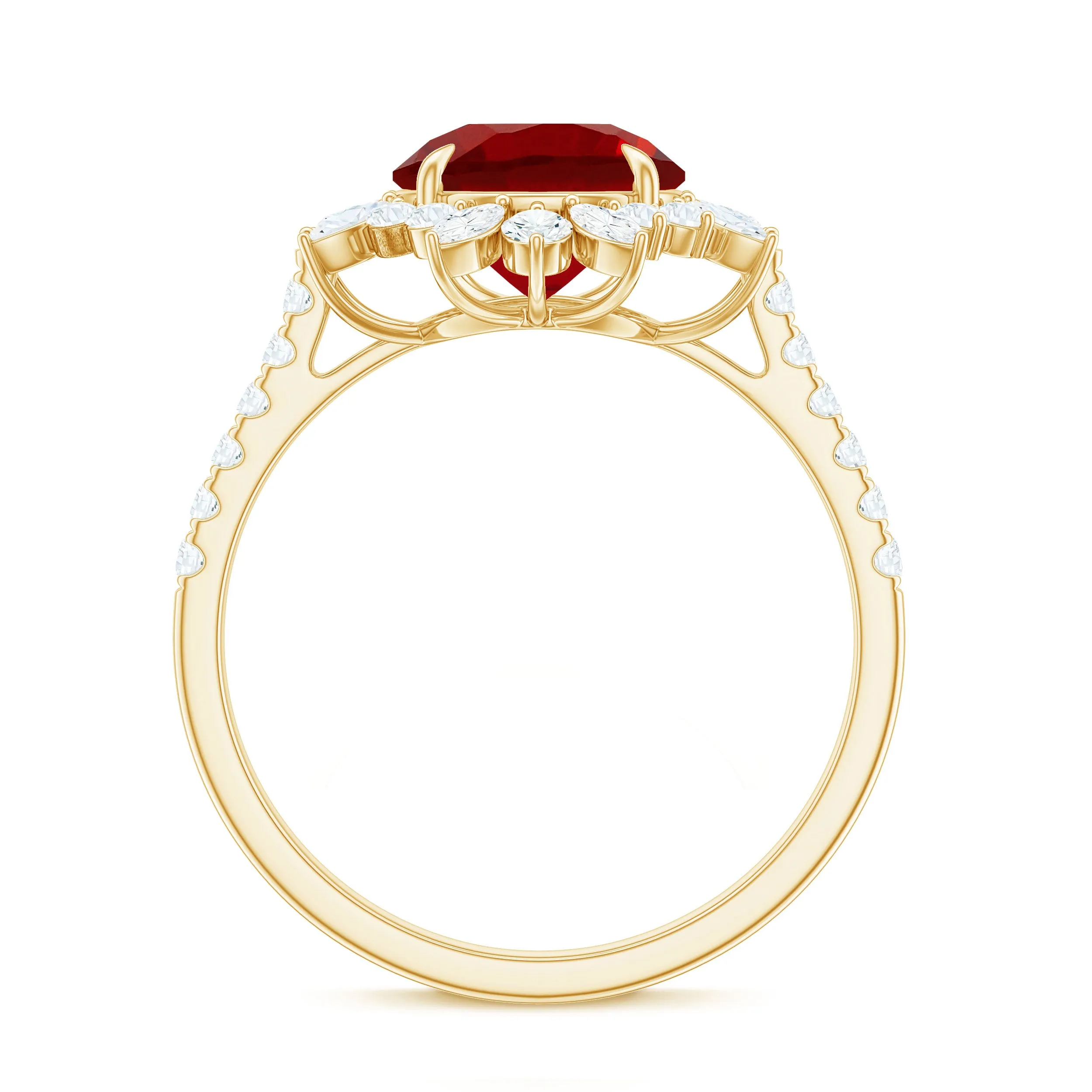 Round Created Ruby Statement Ring with Moissanite Floral Halo