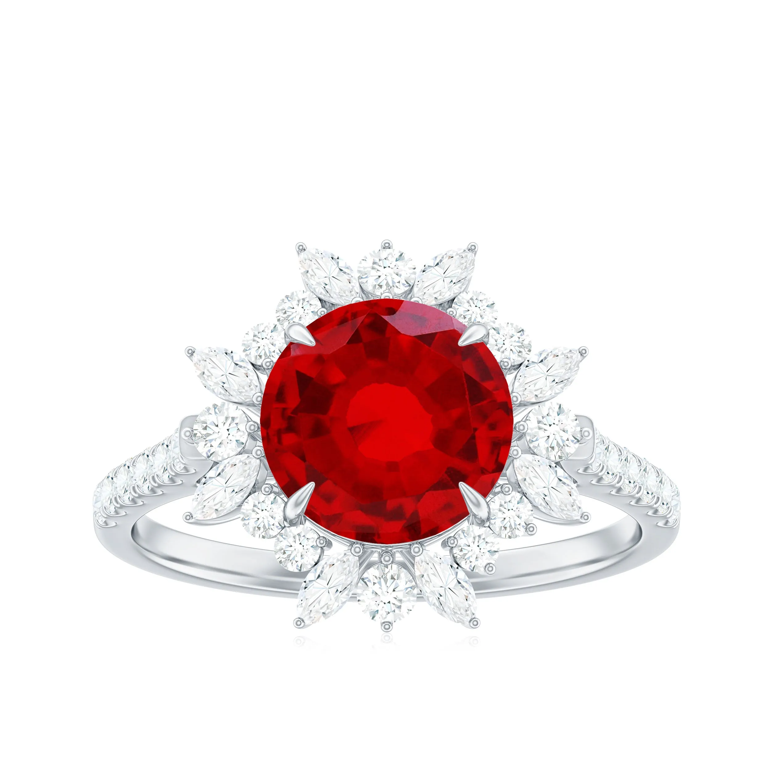 Round Created Ruby Statement Ring with Moissanite Floral Halo
