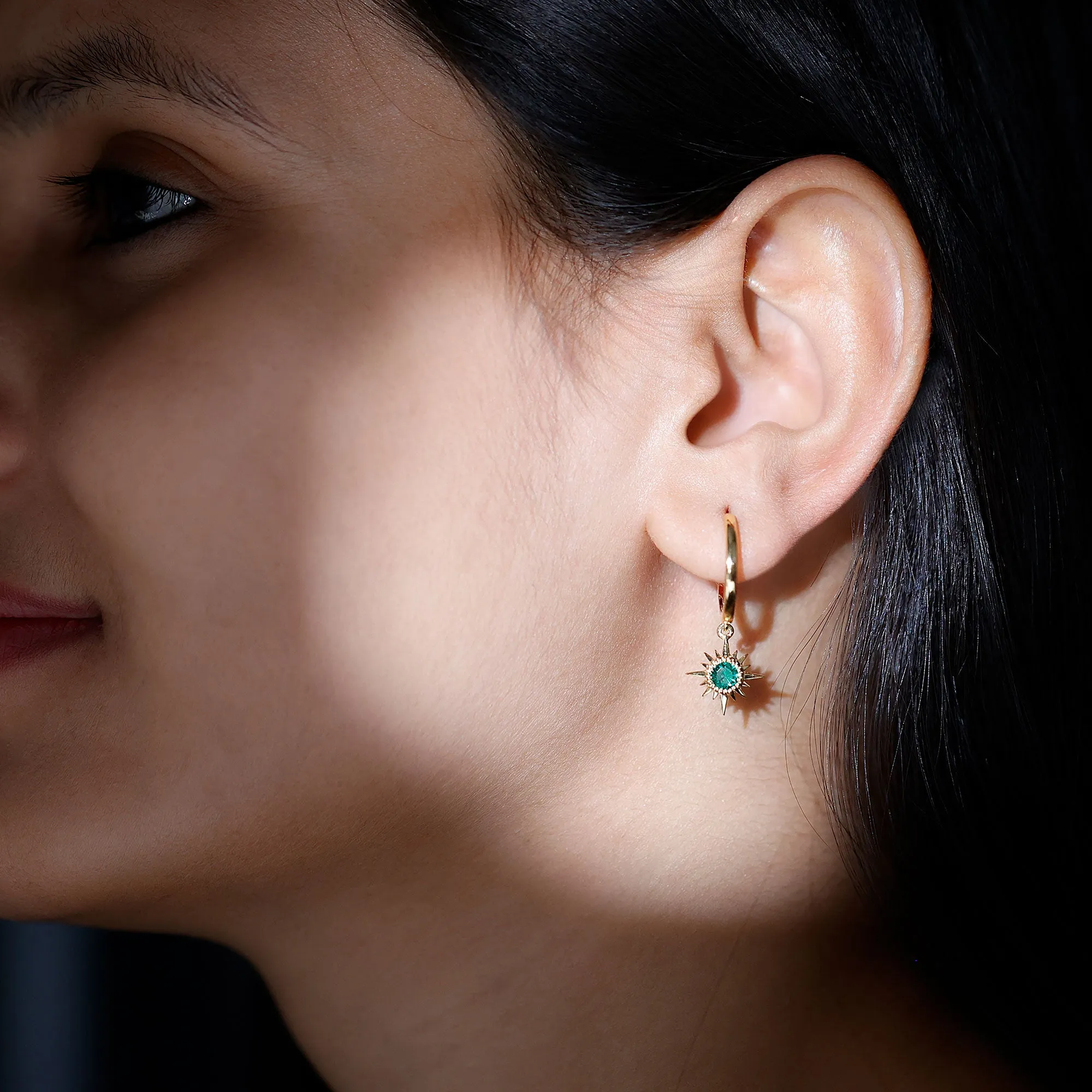 Round Cut Created Emerald Sunburst Hoop Drop Earrings