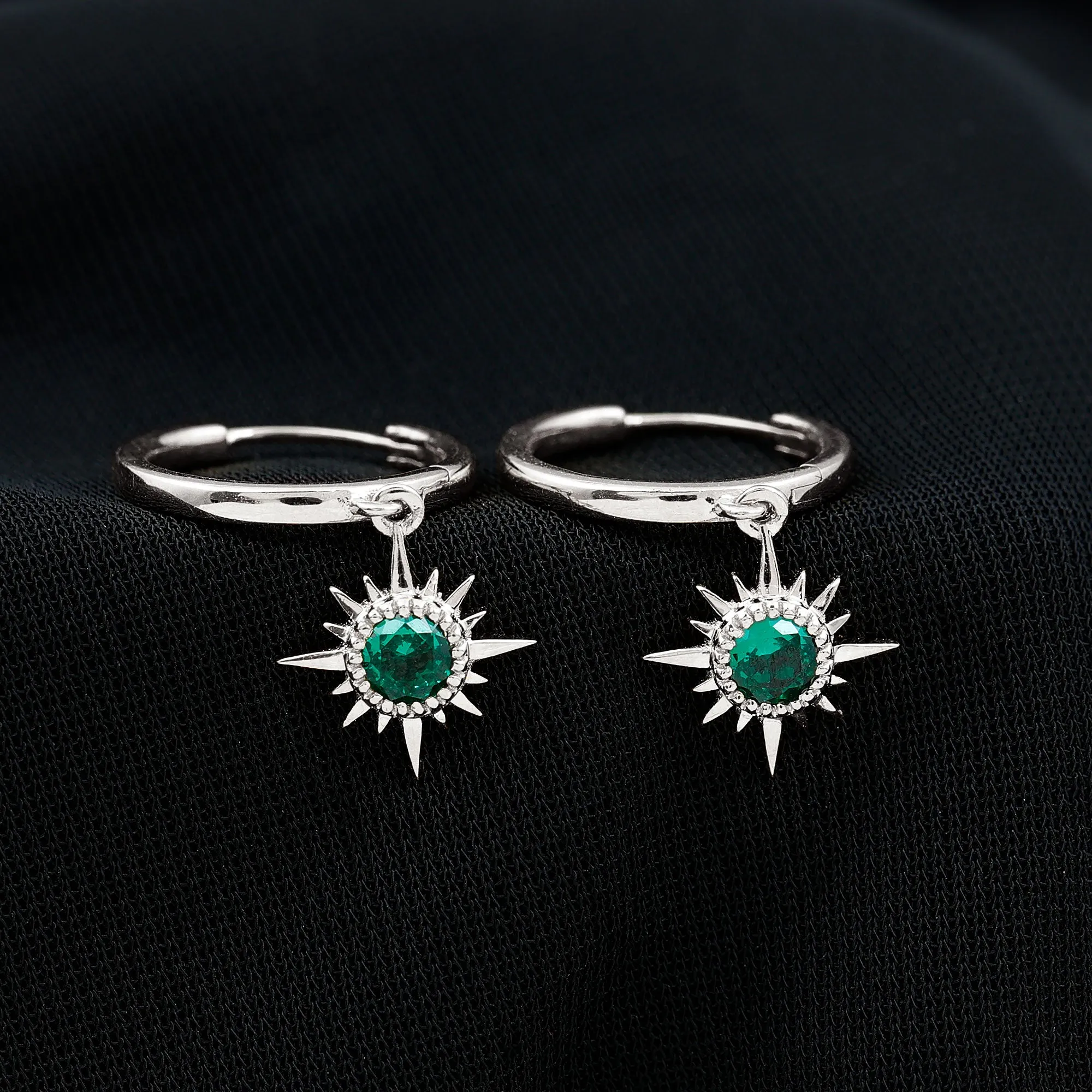 Round Cut Created Emerald Sunburst Hoop Drop Earrings