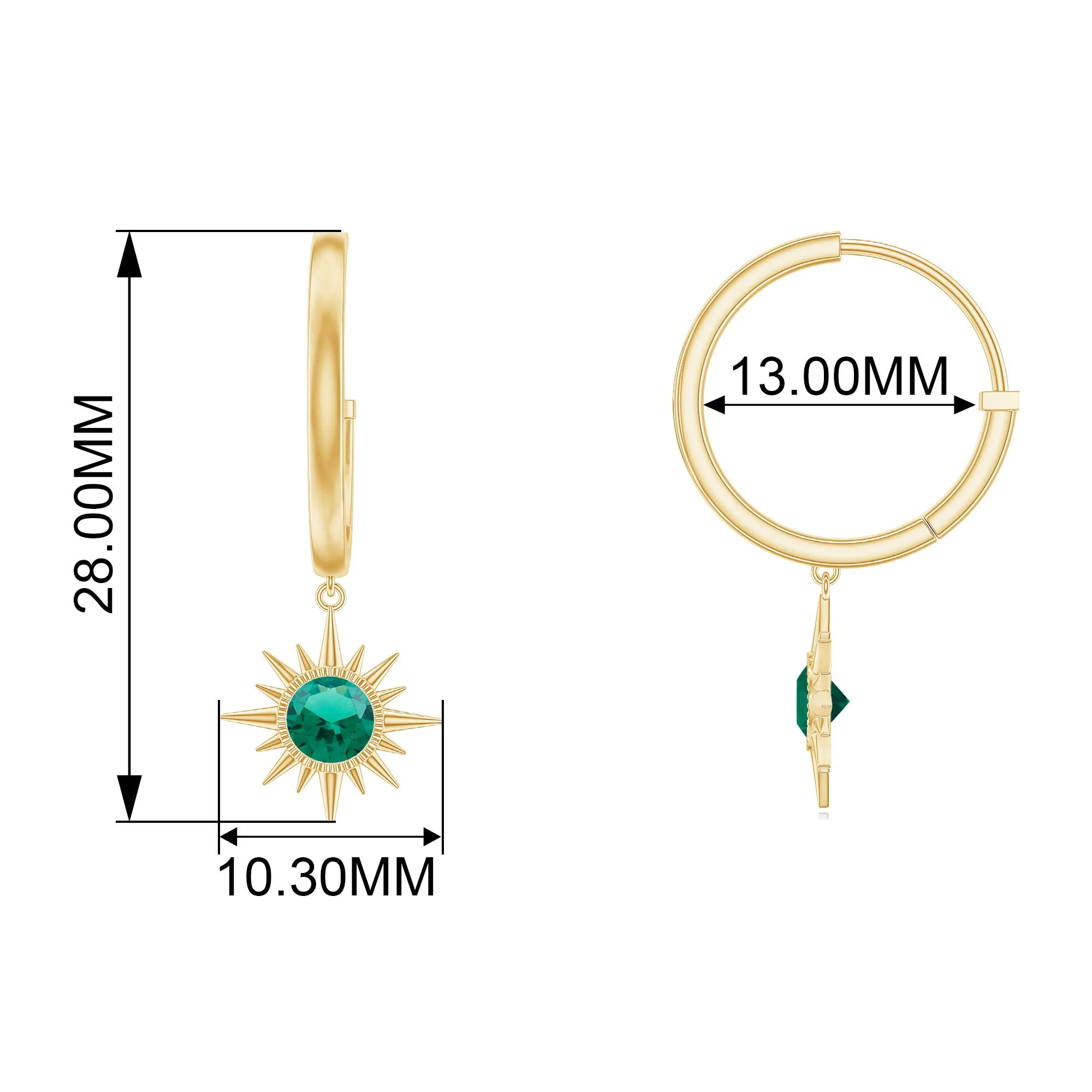 Round Cut Created Emerald Sunburst Hoop Drop Earrings