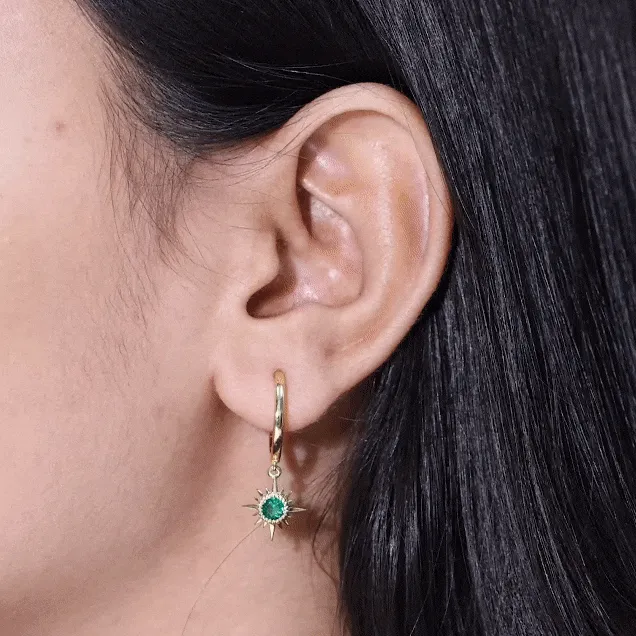 Round Cut Created Emerald Sunburst Hoop Drop Earrings
