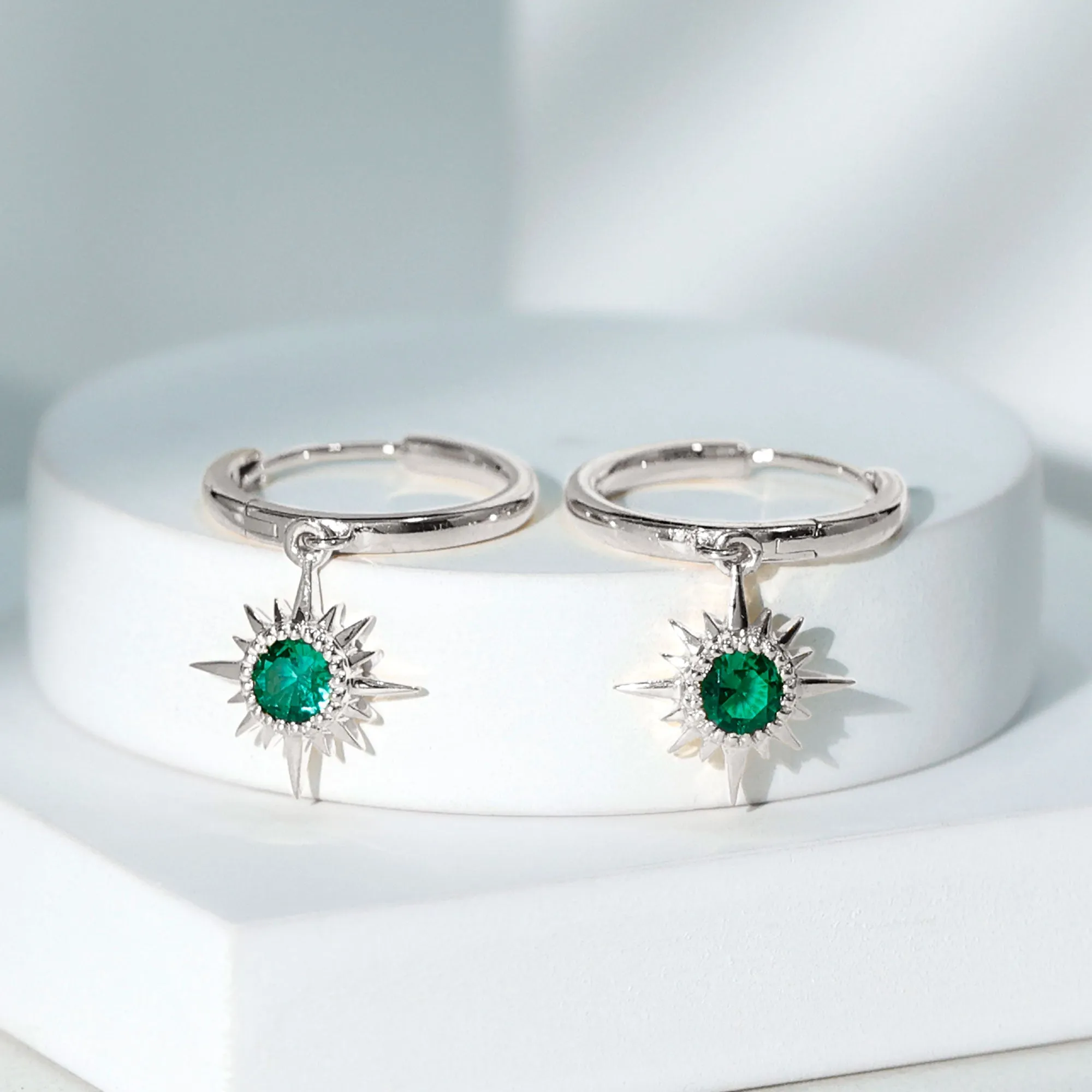 Round Cut Created Emerald Sunburst Hoop Drop Earrings