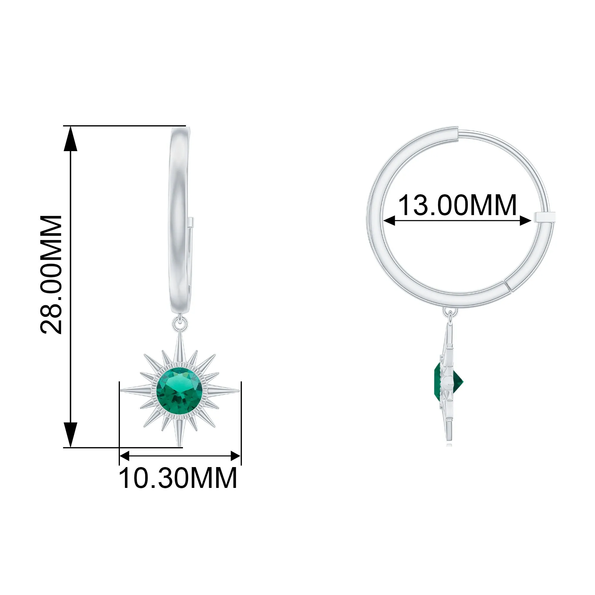 Round Cut Created Emerald Sunburst Hoop Drop Earrings