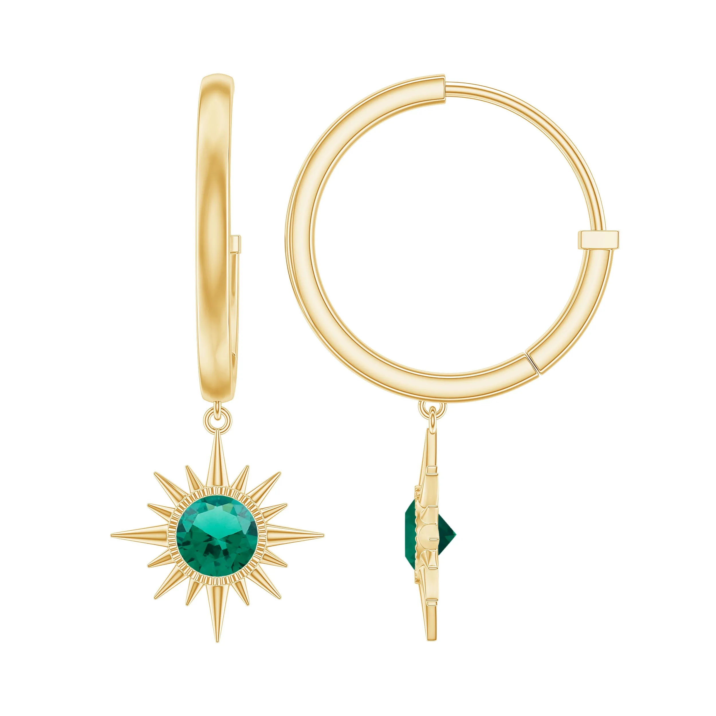 Round Cut Created Emerald Sunburst Hoop Drop Earrings