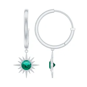 Round Cut Created Emerald Sunburst Hoop Drop Earrings