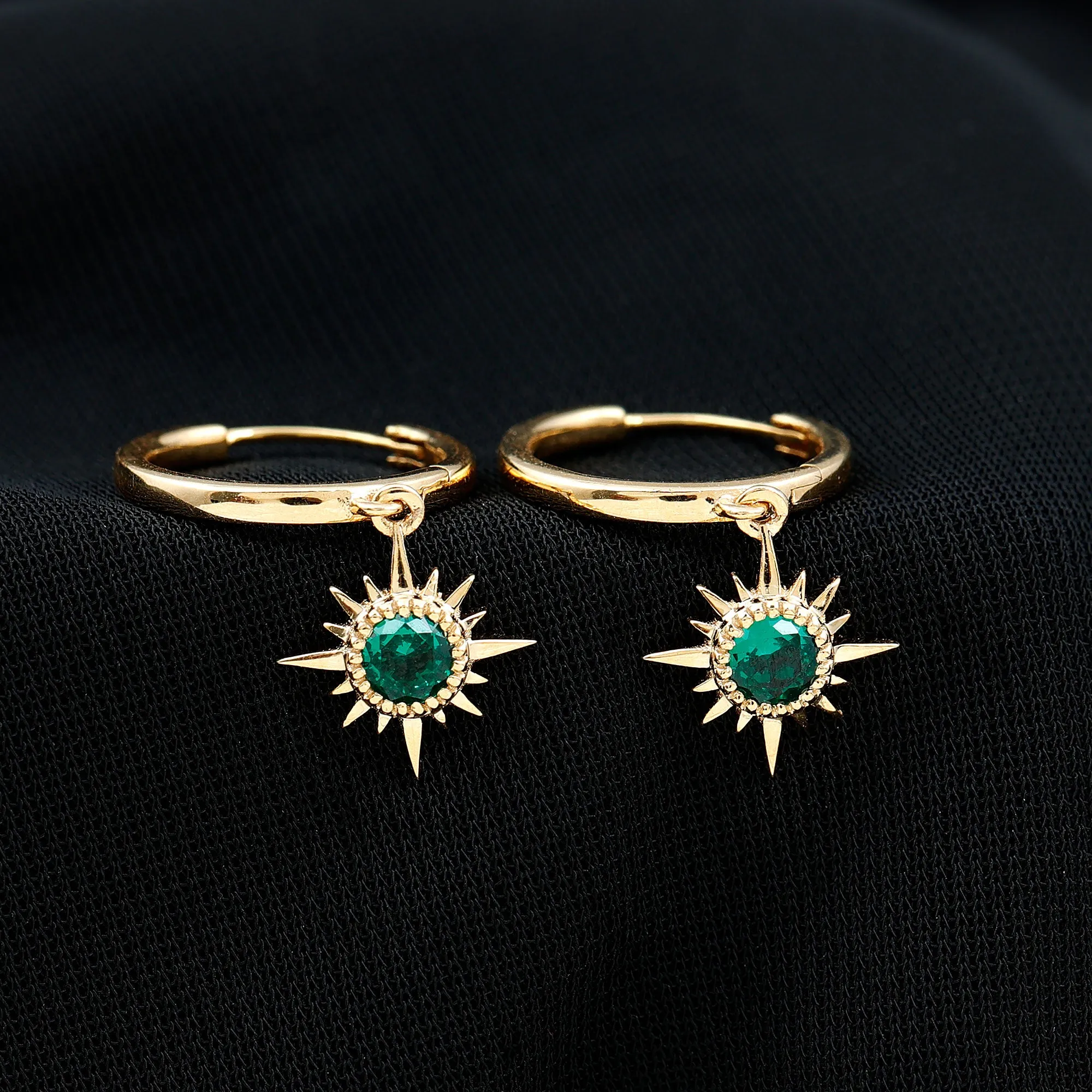 Round Cut Created Emerald Sunburst Hoop Drop Earrings