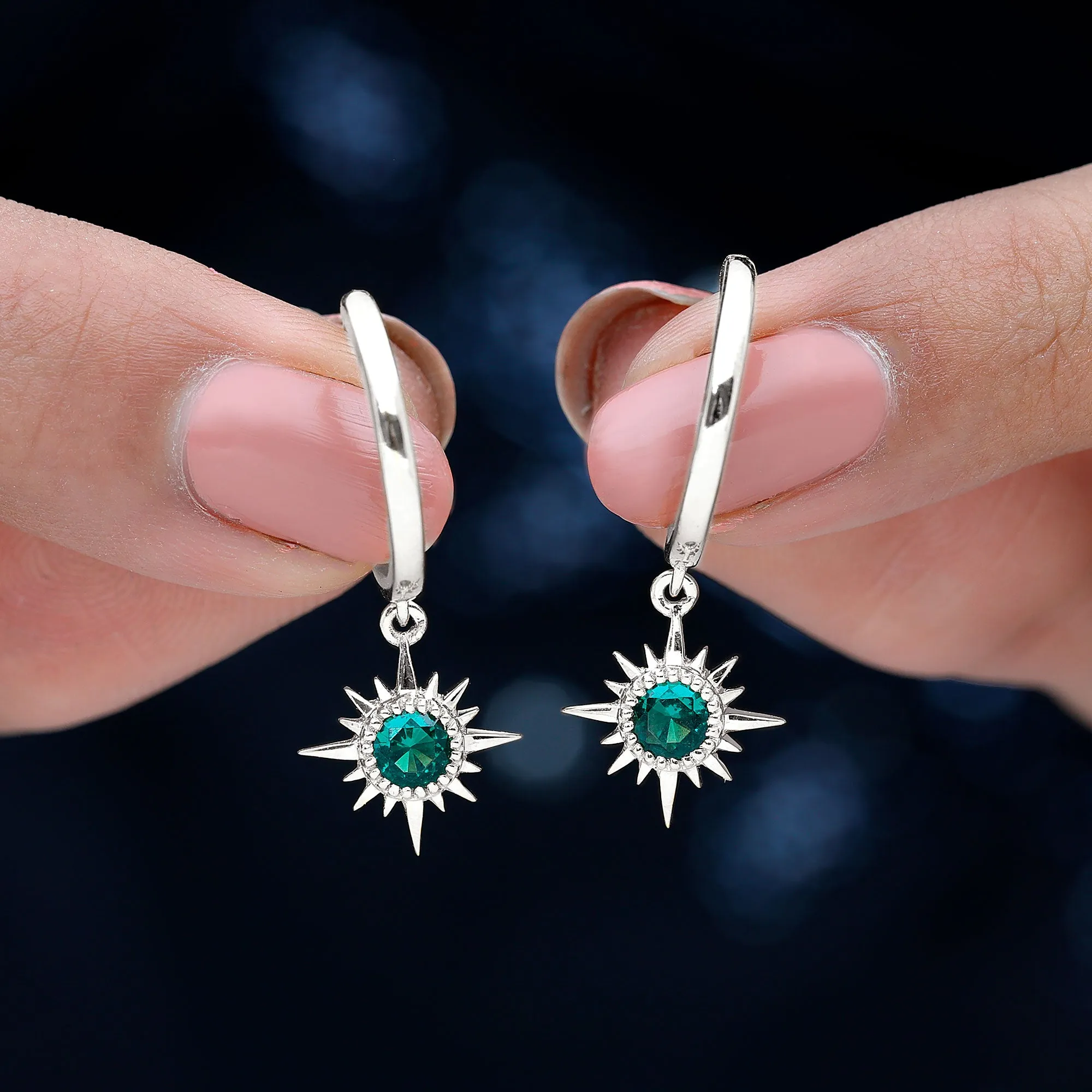 Round Cut Created Emerald Sunburst Hoop Drop Earrings