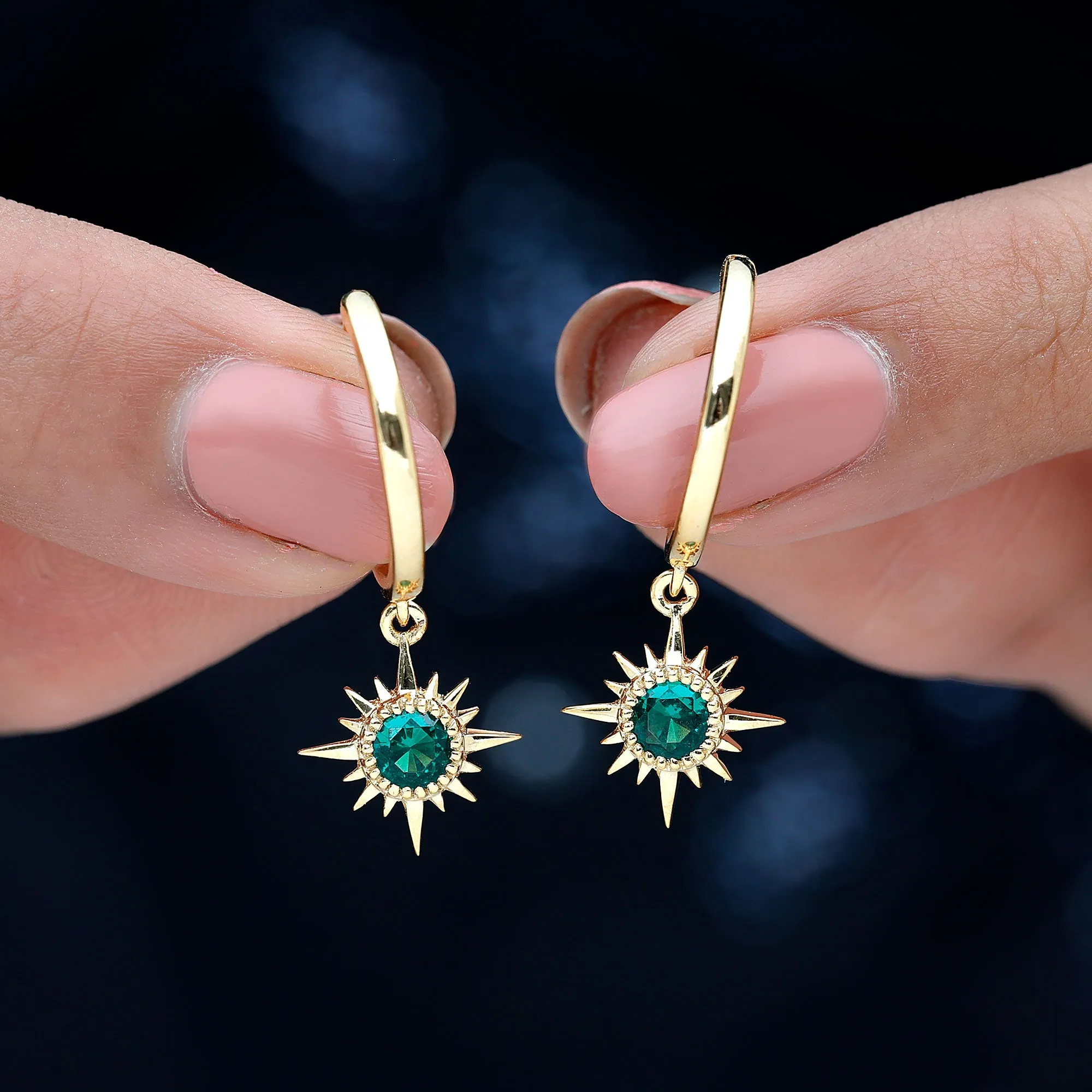 Round Cut Created Emerald Sunburst Hoop Drop Earrings
