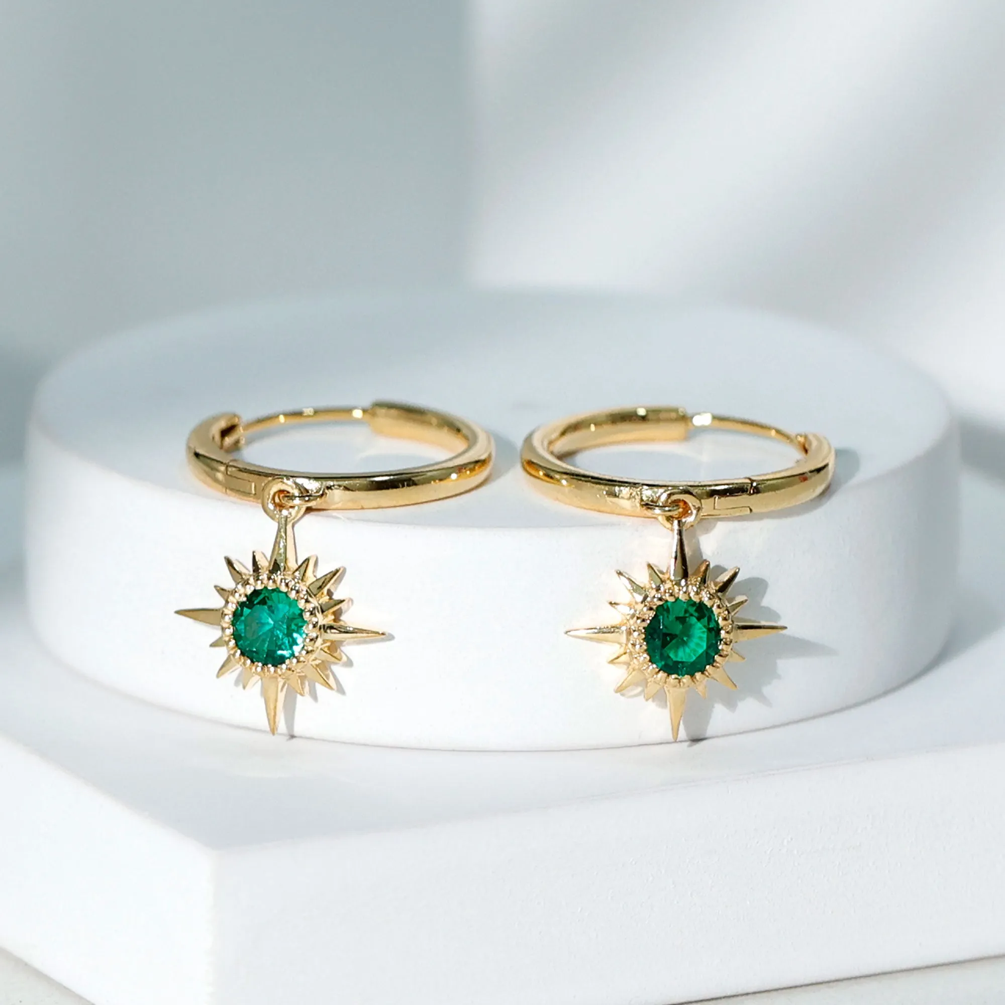 Round Cut Created Emerald Sunburst Hoop Drop Earrings