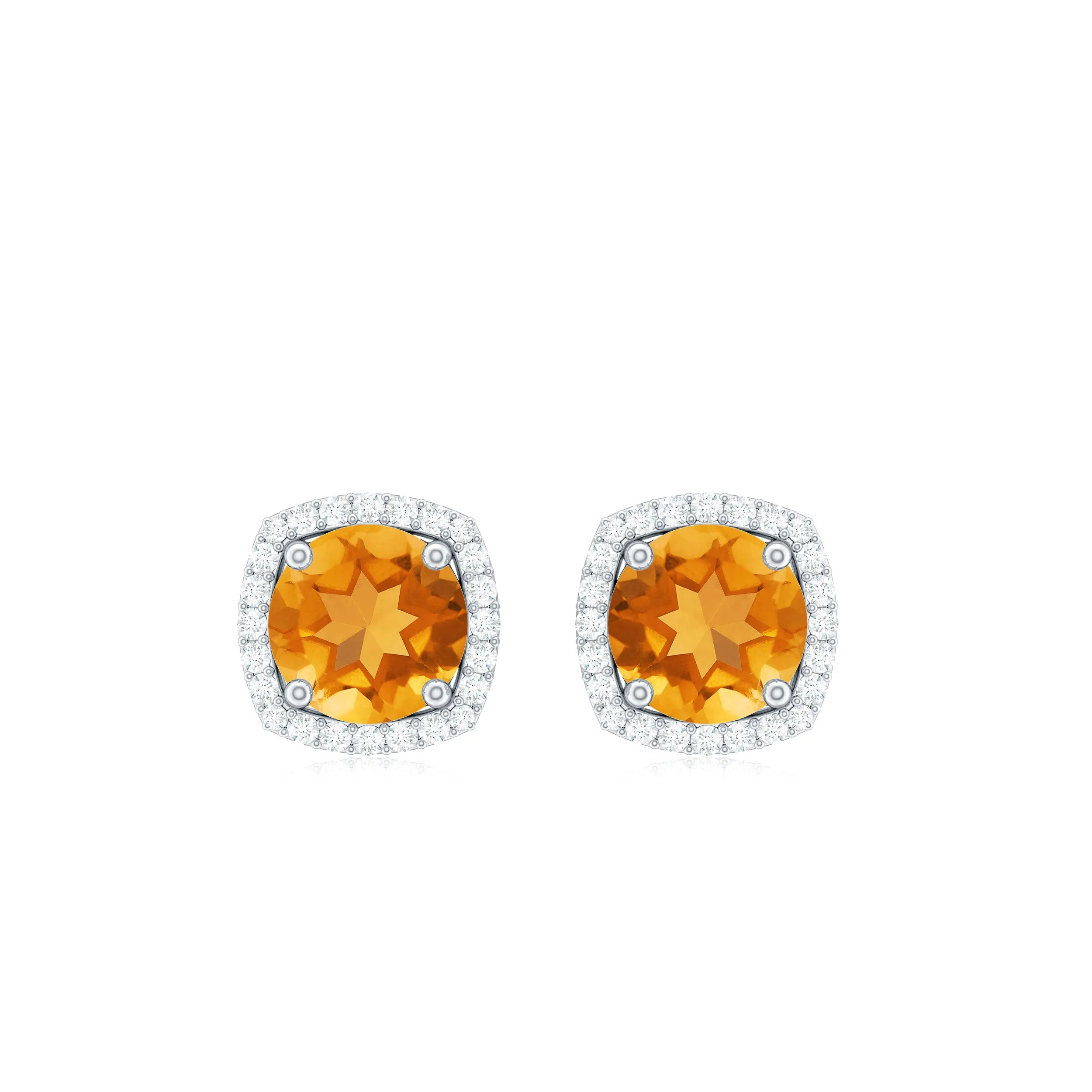 Round Shape Citrine Stud Earrings with Diamond Halo