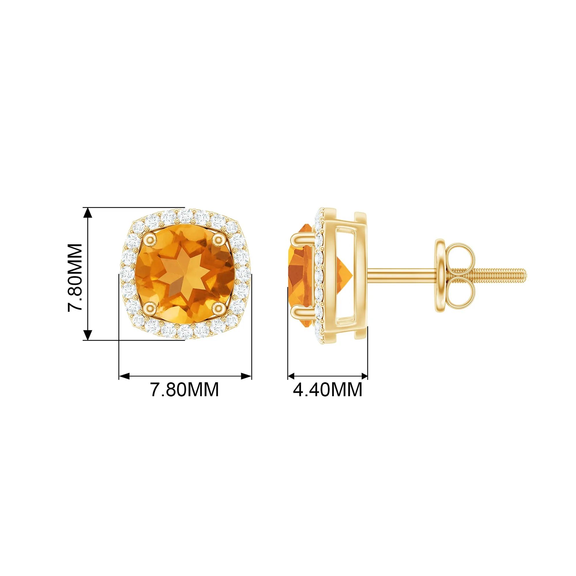 Round Shape Citrine Stud Earrings with Diamond Halo