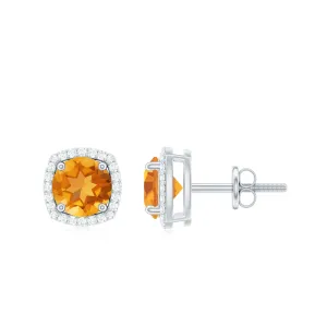 Round Shape Citrine Stud Earrings with Diamond Halo