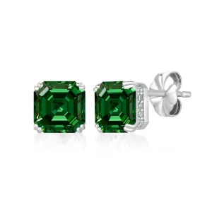 Royal Asscher Cut Earrings Emerald Color Stone Finished In Pure Platinum