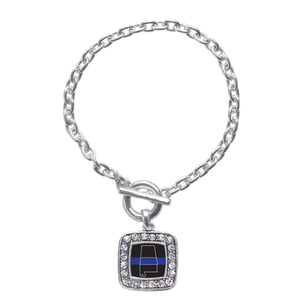 Silver Alabama Thin Blue Line Square Charm Toggle Bracelet