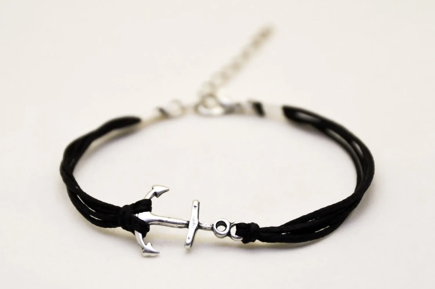 Silver anchor bracelet, black cords, nautical gift for her