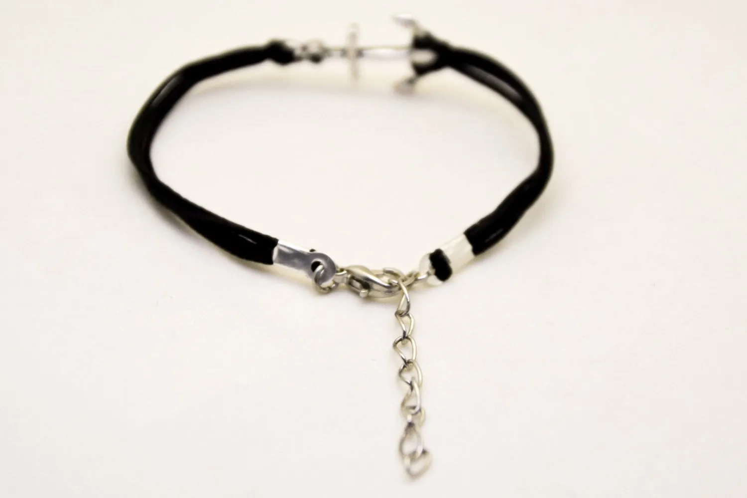 Silver anchor bracelet, black cords, nautical gift for her