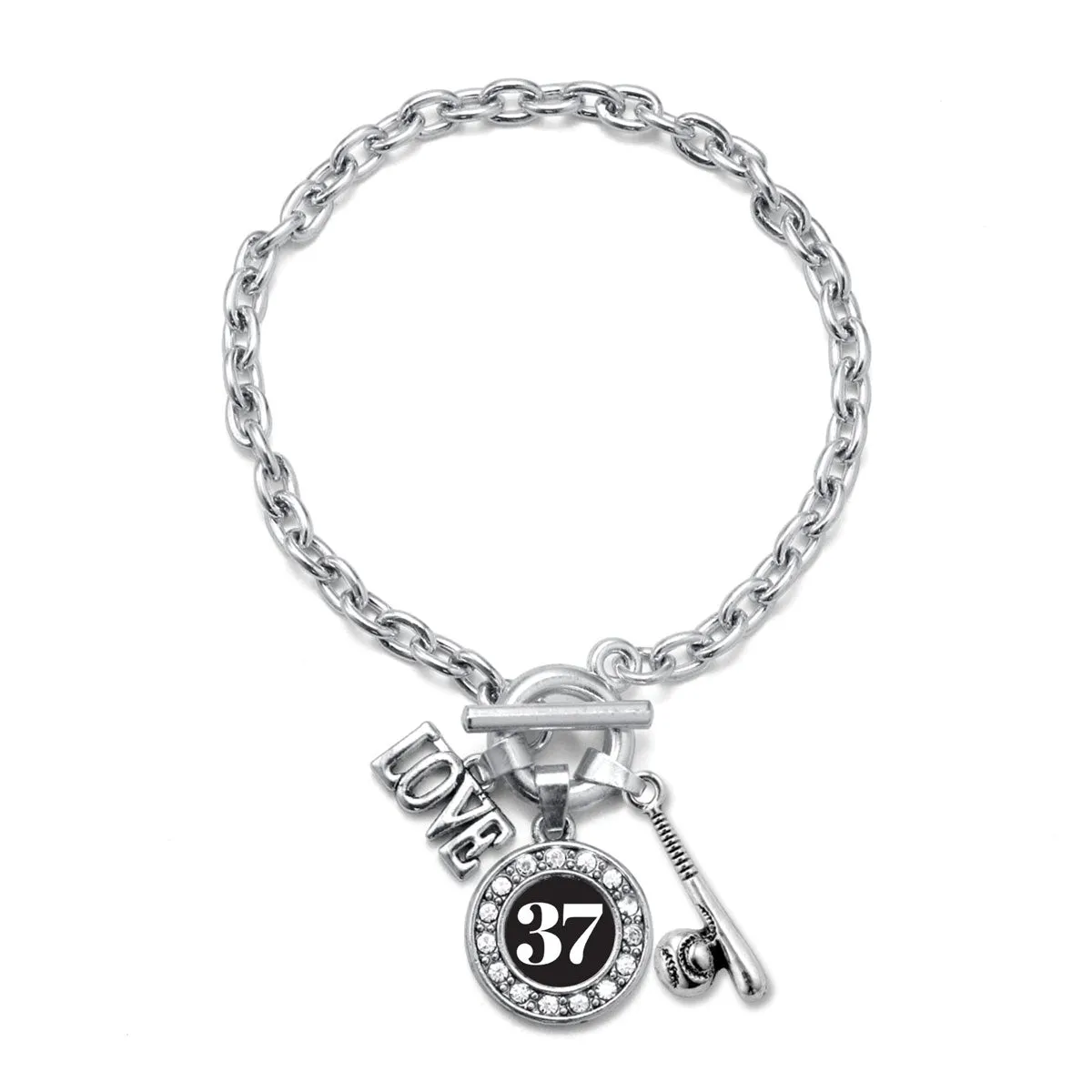 Silver Baseball Bat - Sports Number 37 Circle Charm Toggle Bracelet