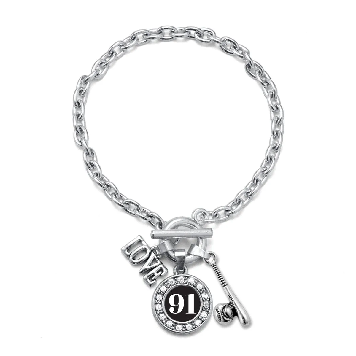Silver Baseball Bat - Sports Number 91 Circle Charm Toggle Bracelet