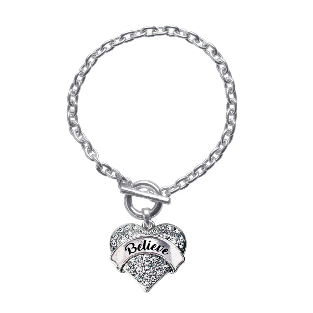 Silver Believe Pave Heart Charm Toggle Bracelet