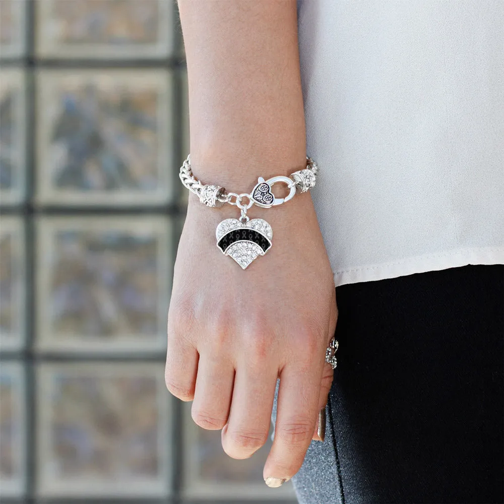 Silver Black Ribbon Support Pave Heart Charm Braided Bracelet