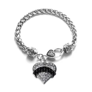 Silver Black Ribbon Support Pave Heart Charm Braided Bracelet