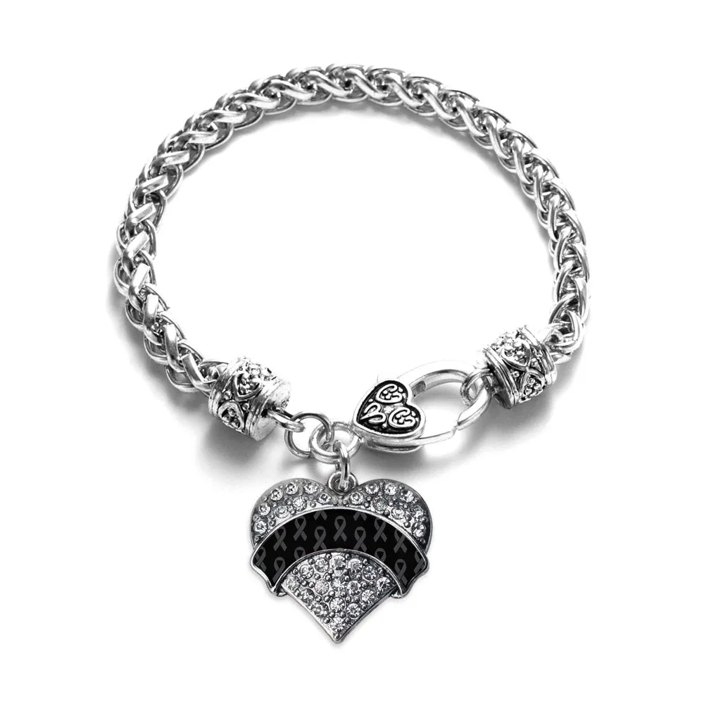 Silver Black Ribbon Support Pave Heart Charm Braided Bracelet