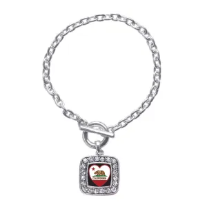Silver California Heart Flag Square Charm Toggle Bracelet