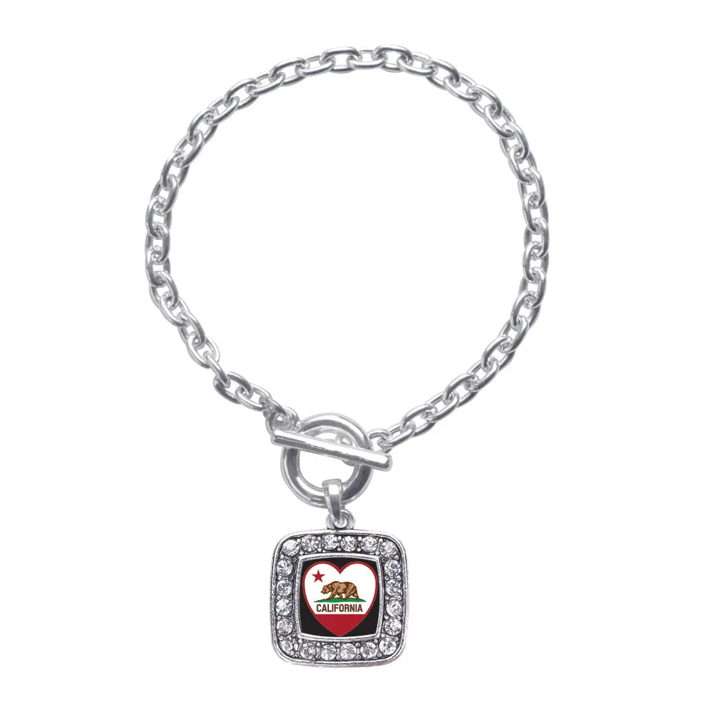Silver California Heart Flag Square Charm Toggle Bracelet