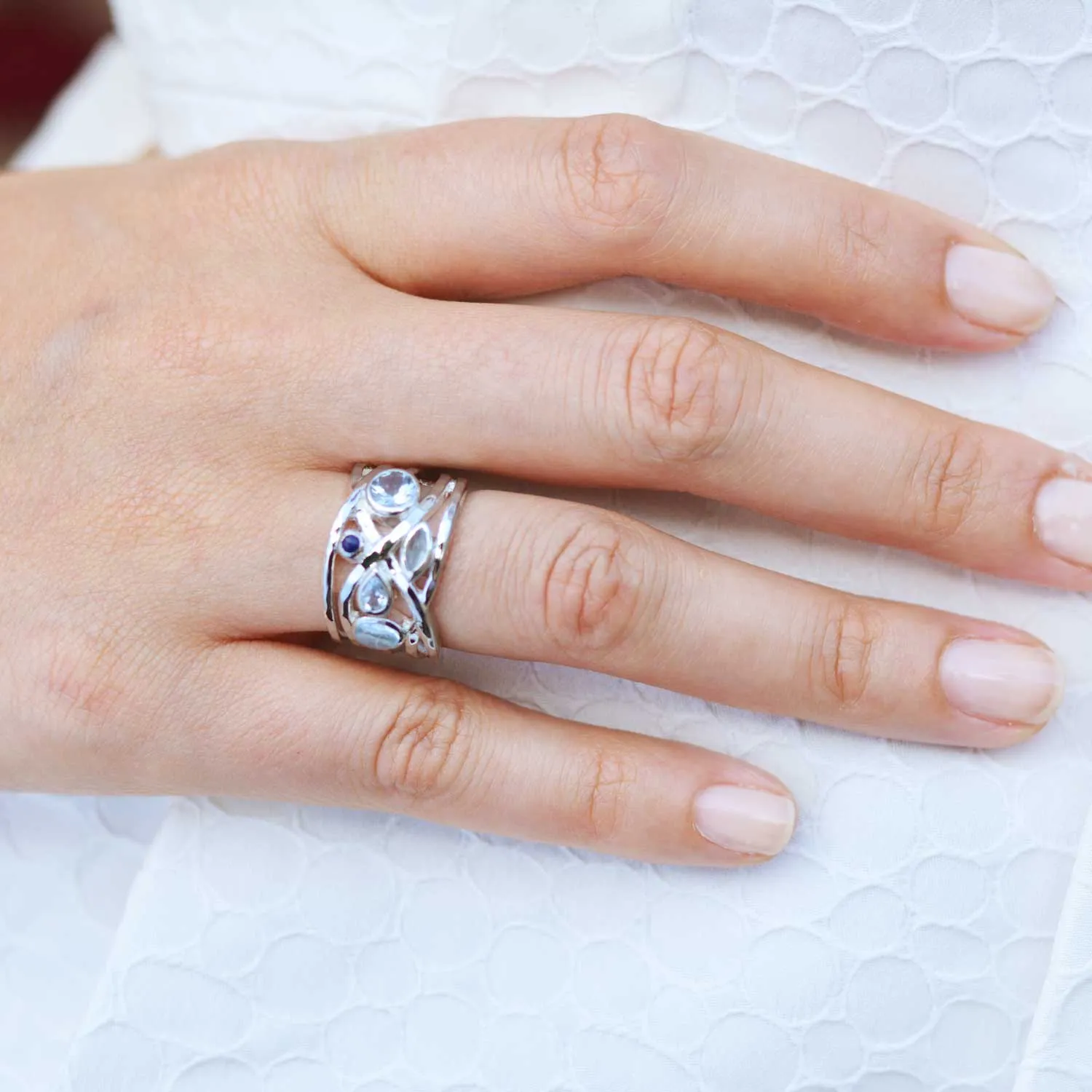 Silver Cocktail Ring Liana Blue Gemstones