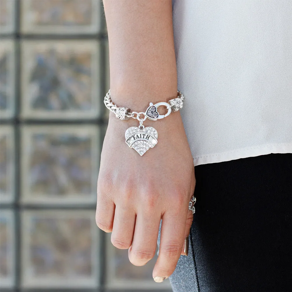 Silver Faith Pave Heart Charm Braided Bracelet