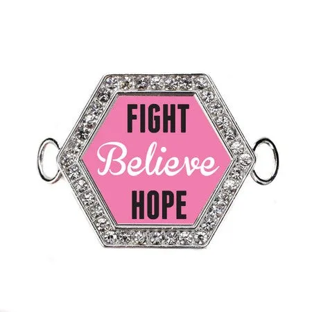 Silver Fight, Believe, Hope Breast Cancer Support Hexagon Charm Bangle Bracelet
