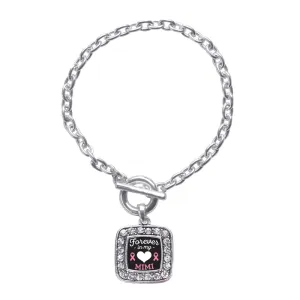 Silver Forever in my Heart Mimi Breast Cancer Support Square Charm Toggle Bracelet
